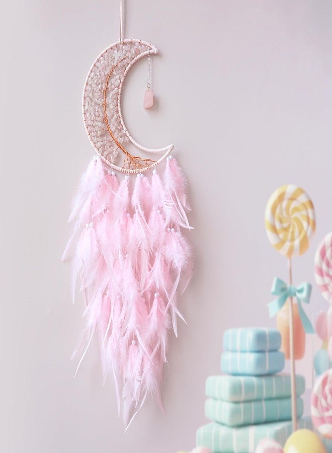 Dksuwe Moon Dream Catchers with Chakra Gemstone Agate Stone, Crystal Tree Life Dream Catchers Wall Hangings Room Decor (Pink) - Image 1